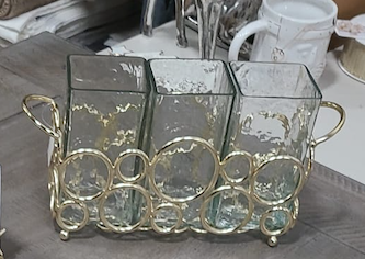 Gold & Glass Utensil Holder with Gold Circular Details