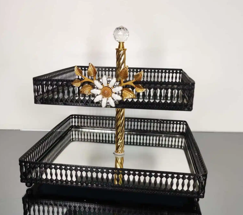 Extra Large Black Square Mirrored Cherry Blossom Tier Serving Stand