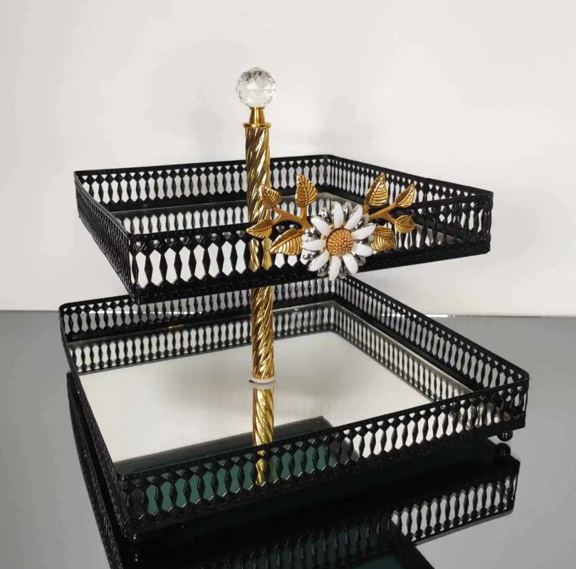Extra Large Black Square Mirrored Cherry Blossom Tier Serving Stand