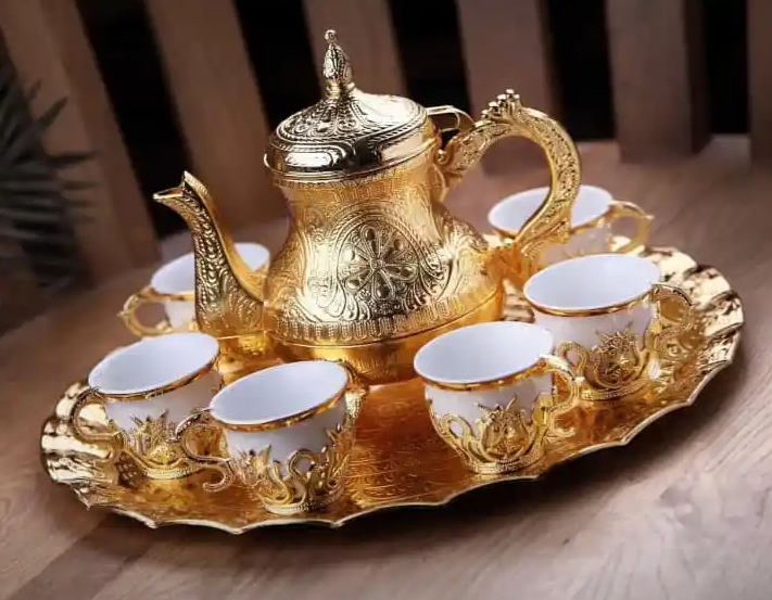 Six Tulip Teacups Set with coasters and Tray GOLD with Teapot