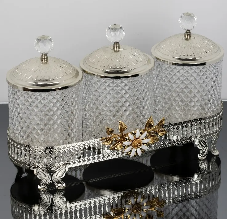 Silver Hammered Jar Set With Metal Floral Stand with Acrylic Ball Lid