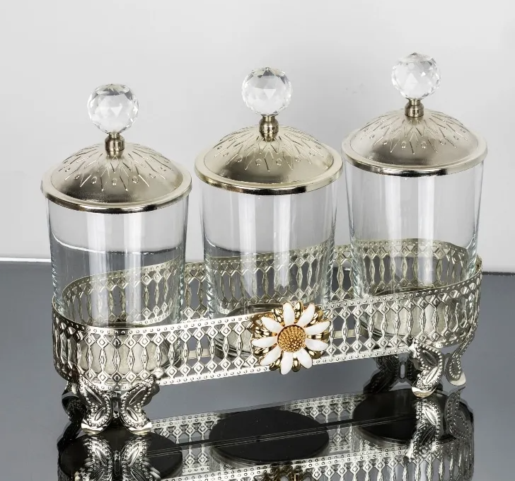 Silver Canister Set With Metal Floral Stand with Acrylic Ball Lid (small)
