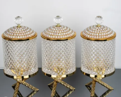 Gold  Pearl Floral Hammered Canister Set With Stand (3 Pieces)