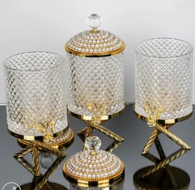 Gold  Pearl Floral Hammered Canister Set With Stand (3 Pieces)