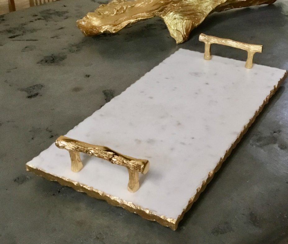 White Marble Rectangle Tray with Gold Handles & Edges