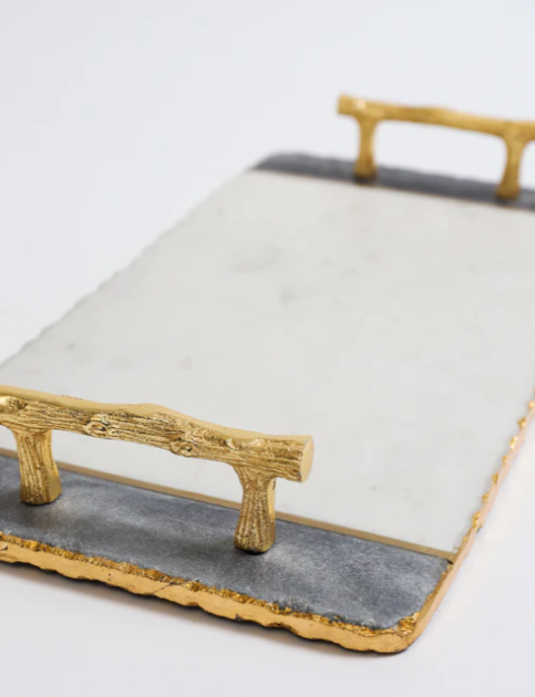 White & Black Rectangle Tray with Gold Handles & Edges