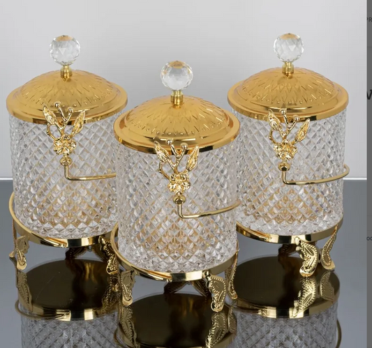 Gold Butterfly Floral Hammered Canister Set With Stand (3 Pieces)