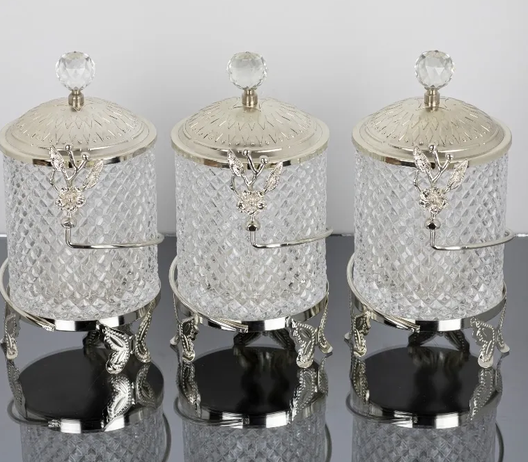 Silver Butterfly Floral Hammered Canister Set With Stand (3 Pieces)