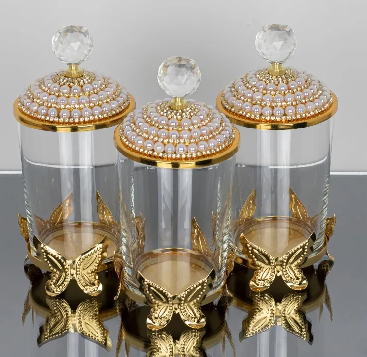 Gold Butterfly Sugar/Creamer Pearl Canister (Set of 3)