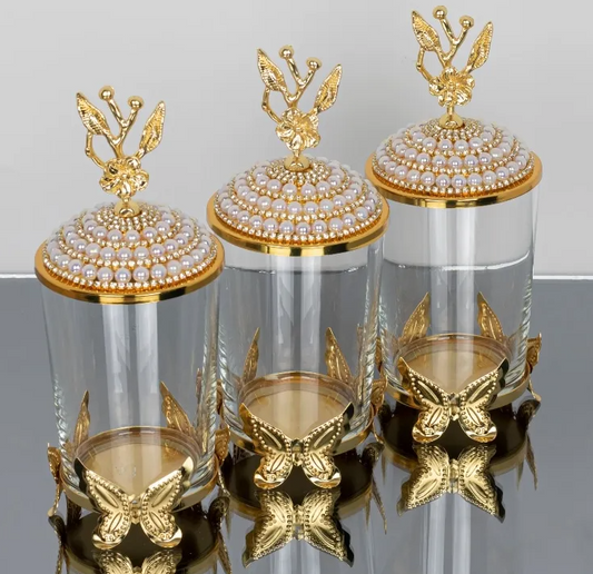 Gold Butterfly Sugar/Creamer Pearl Canister (Set of 3)