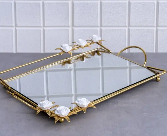 Gold Rectangular White Rose Mirrored Tray