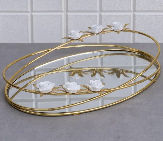 Gold Oval White Rose Mirrored Tray