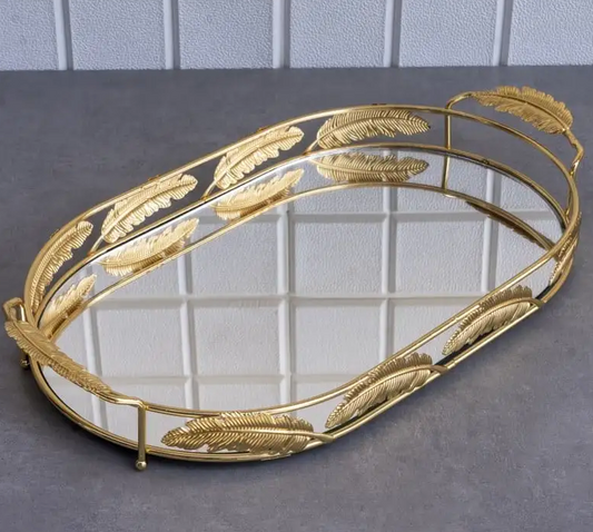 Extra Large Gold Oval Tray with Leaf Details