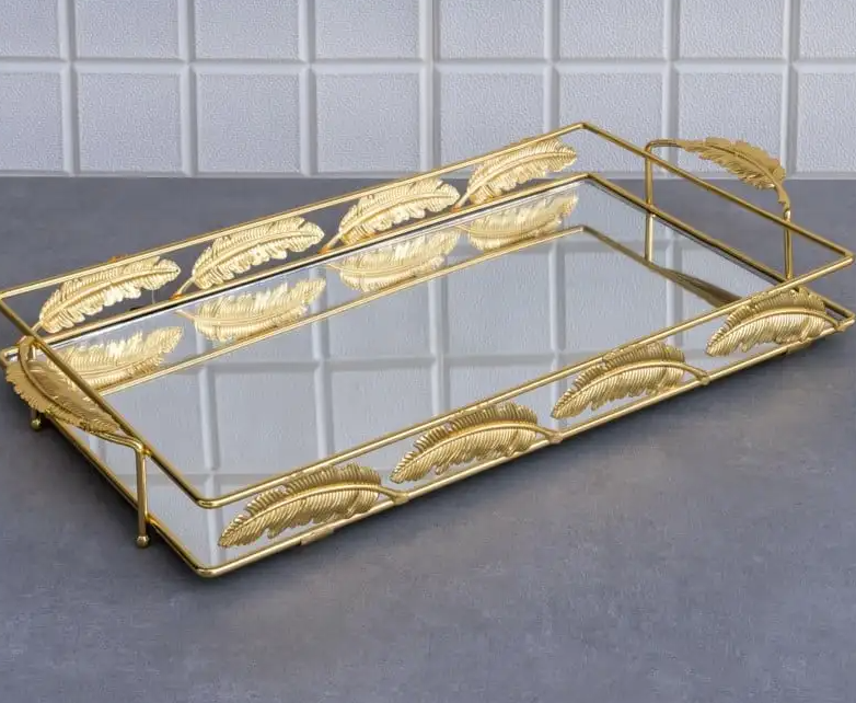Extra Large Gold Rectangular Tray with Leaf Details