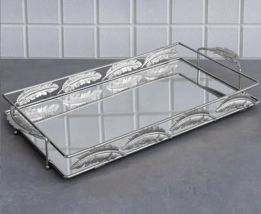 Extra Large Silver Rectangular Tray with Leaf Details