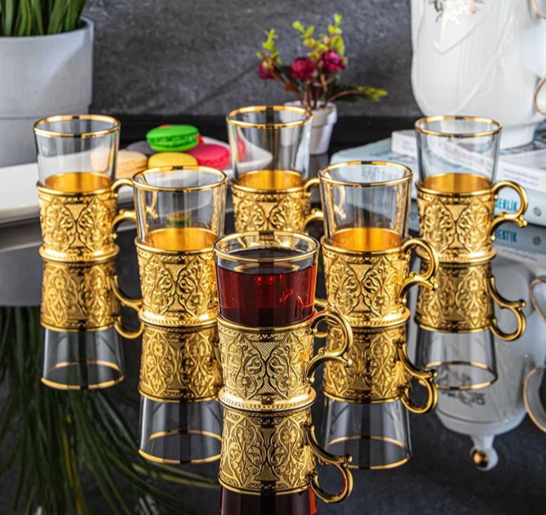Gold 6 Turkish Teacups with Metal Holder