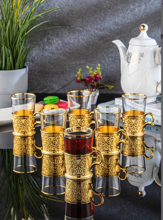 Gold 6 Turkish Teacups with Metal Holder