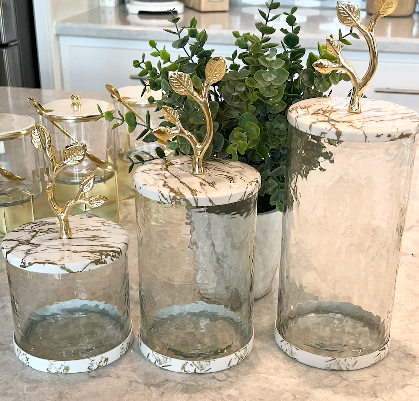 White and Gold Metallic Marble Canisters w/ Leaf Details  (Set of 3)