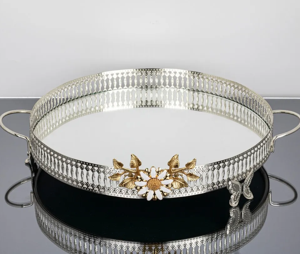 Silver Round Tray with Gold Floral Details  (3 Sizes)