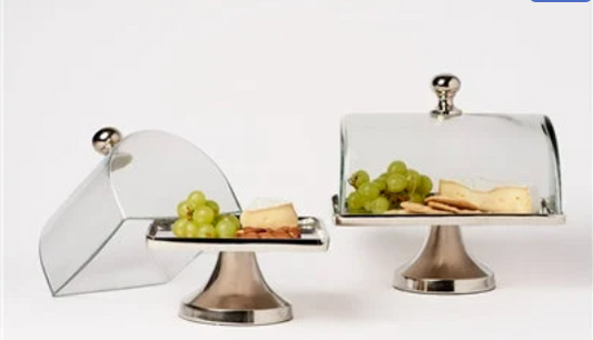 Silver and Glass Rectangular Cake Dome with Stand (2 Sizes)