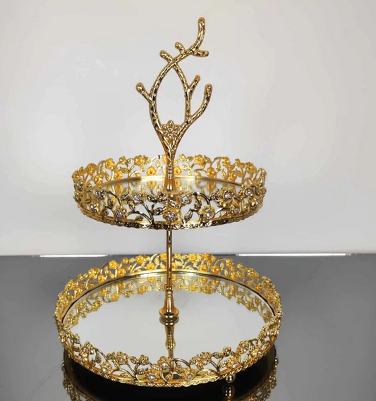 Gold Round Floral Mirrored Tier Serving Tray