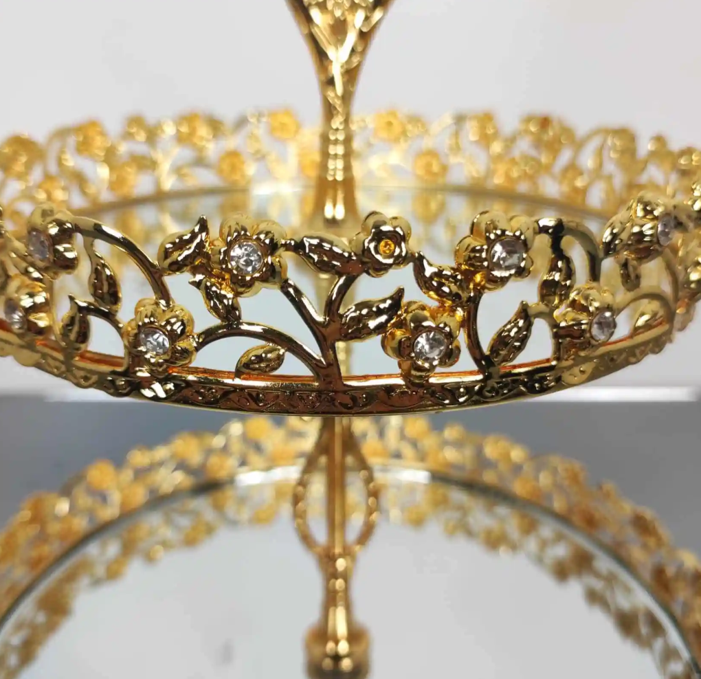 Gold Round Floral Mirrored Tier Serving Tray