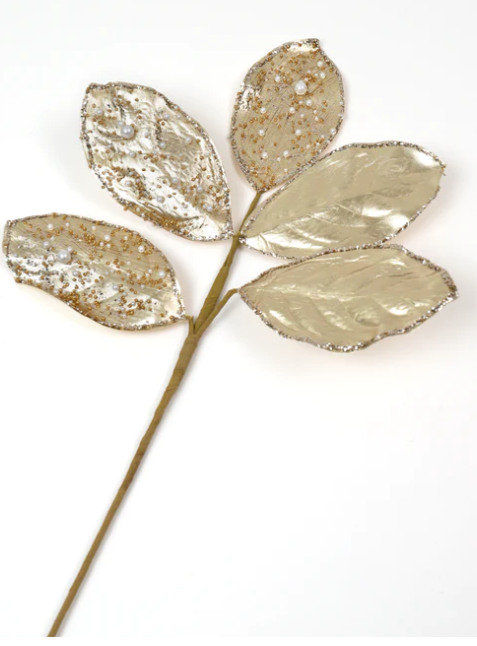 23" Beaded Pearl Jeweled Magnolia Leaf Spray