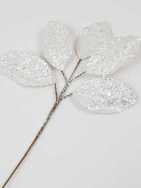 23" White Glitter Magnolia Leaf Stem