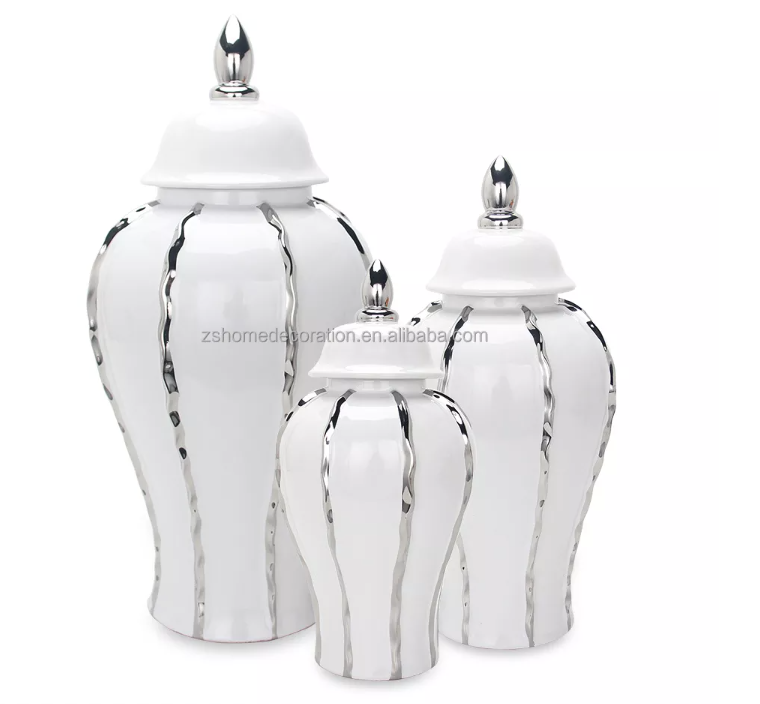 White and Silver Ginger Jar with Linear Design (3 Sizes)