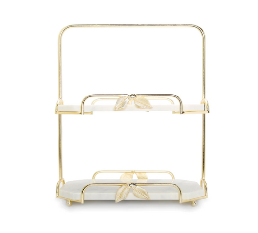 Two Tiered Marble Stand w/ Gold Frame Leaf Details