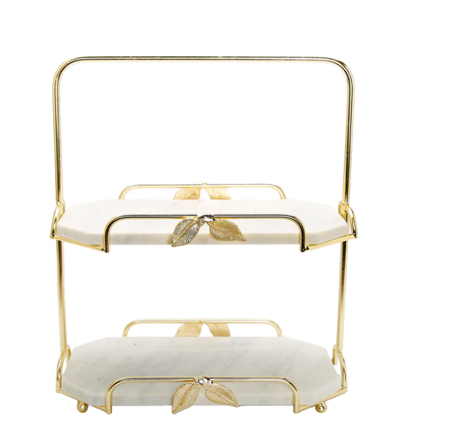 Two Tiered Marble Stand w/ Gold Frame Leaf Details