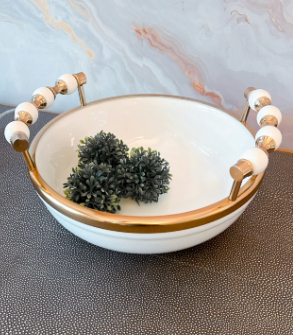 Gold and White Round Bowl with Beaded Handles