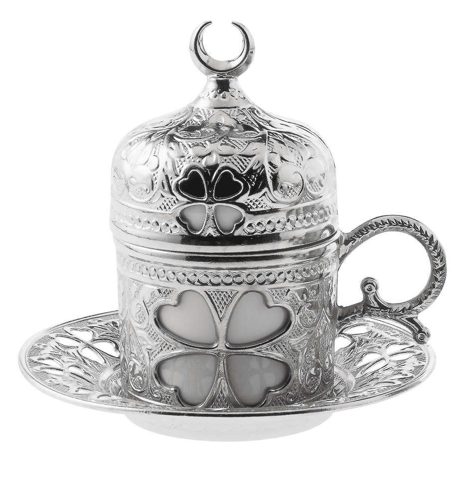 Silver Textured Metal Turkish Cup and Saucer with Moon Details (Ramadan/Eid)