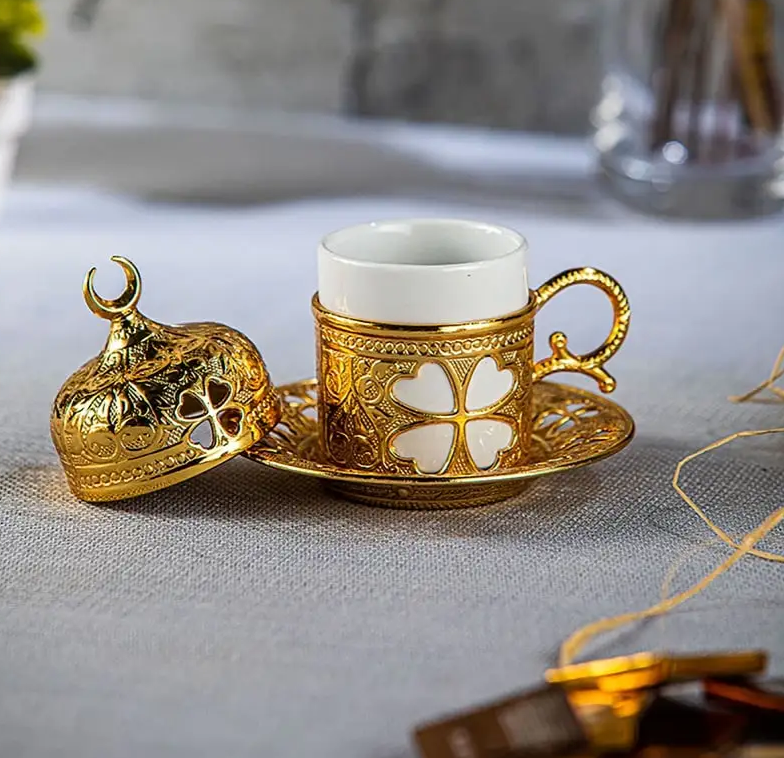 Gold Textured Metal Turkish Cup and Saucer with Moon Details (Ramadan/Eid)