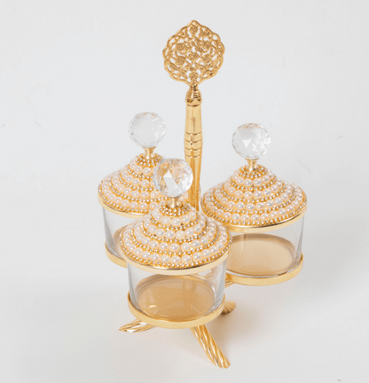 Pearl Gold Canister with Acrylic Ball Lid and Hanger Stand  (SET OF 3 )