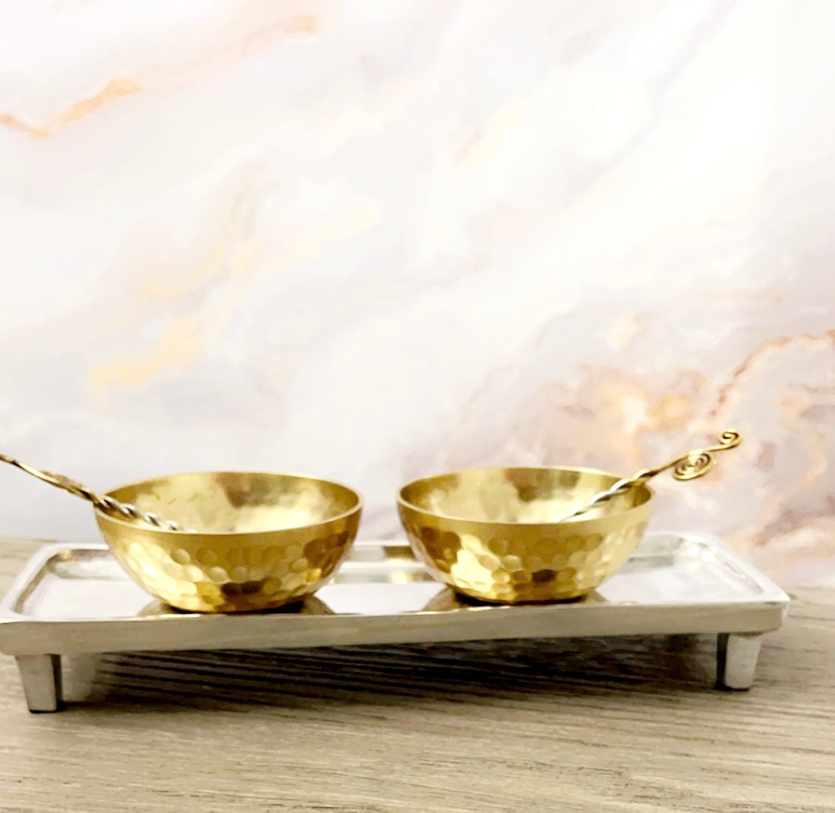 SILVER TRAY WITH GOLD BOWLS W/ SPOONS